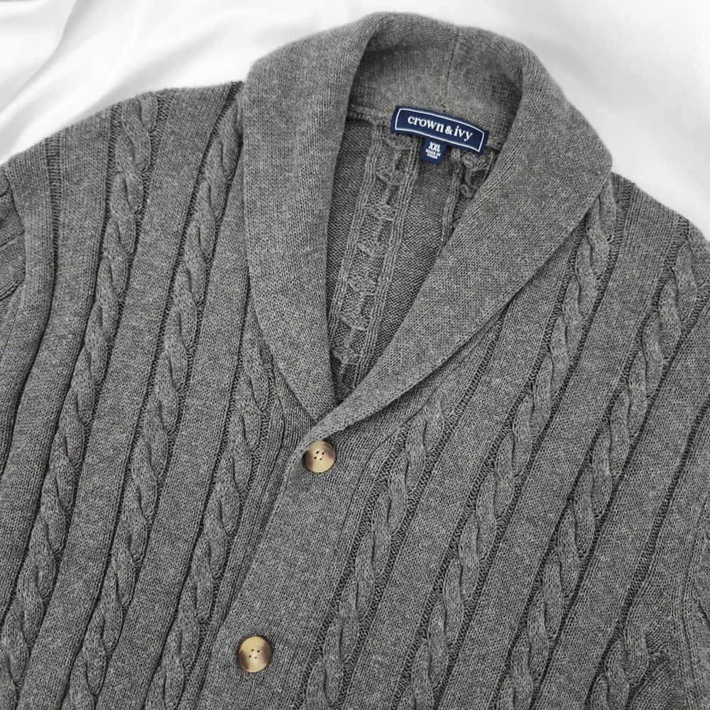 Crown & Ivy Mens Grey Cable Knit Shawl Collar Cardigan XXL Grandpa Dad Fisherman